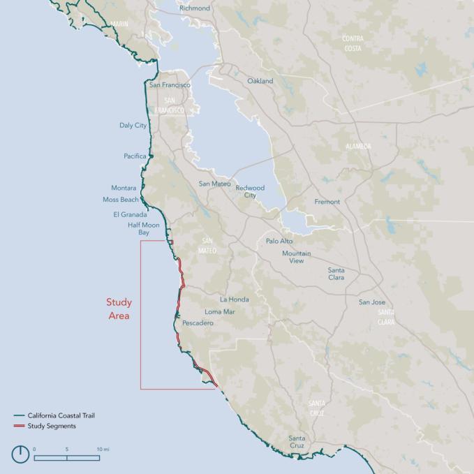 Regional coastal trail map from Marin County to San Cruz County showing the study area.
